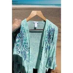 J Jill Embroidered Jacket S-L Green w Blue Floral Boho Bohemian Open Kimono